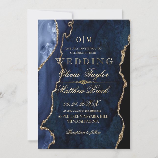 Premium Moody Blue und Gold Wedding Einladung (Vorderseite)