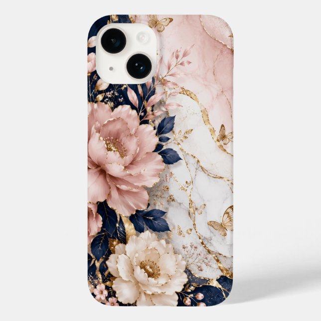 Premium Navy Blau & Rosa Botanical Marmor Case-Mate iPhone Hülle (Rückseite)