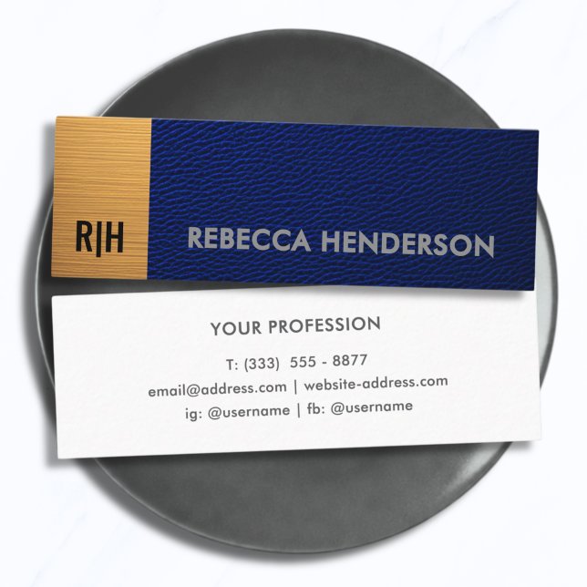 Premium Navy Blaues Leder & Gold Panel Monogramm Mini Visitenkarte (Von Creator hochgeladen)