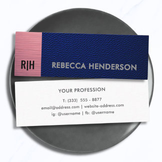 Premium Navy Blaues Leder & Rosa Panel Monogramm Mini Visitenkarte