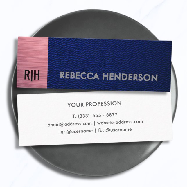 Premium Navy Blaues Leder & Rosa Panel Monogramm Mini Visitenkarte (Von Creator hochgeladen)