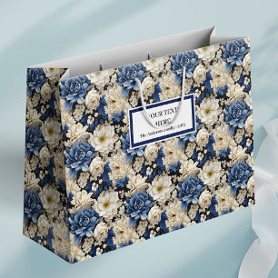 Premium Navy Weiß Elfenbein Blumen Luxus Geschenkt Große Geschenktüte