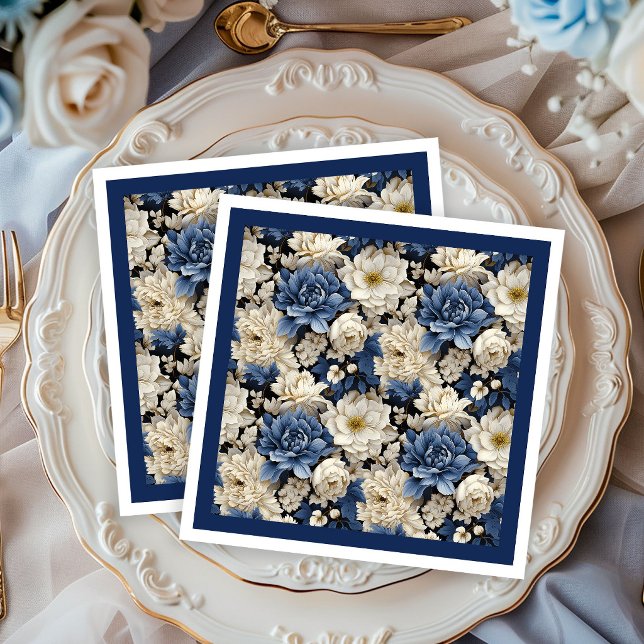 Premium Navy Weiß Elfenbein Blumen Luxus Serviette (Premium Navy White Ivory Floral Luxury Napkins)