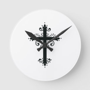 Premium-Ornamentales geschnitztes Kreuz Kunst Runde Wanduhr