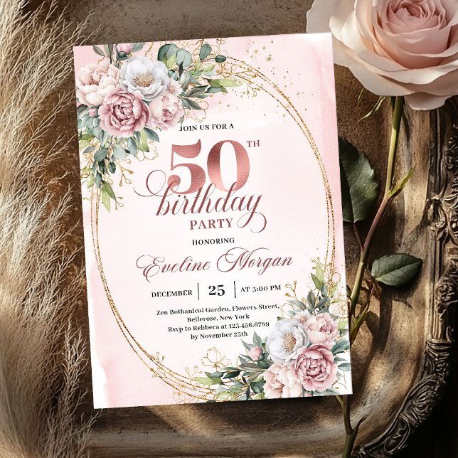 Premium Rose Gold Floral 50th Birthday Invitation Einladung (Premium Rose Gold Floral 50th Birthday Invitation)