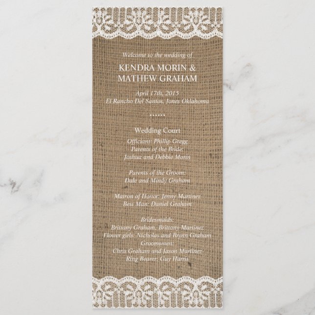 Premium Rustic Burlap Lace Wedding Programme 4x9,2 (Vorderseite)
