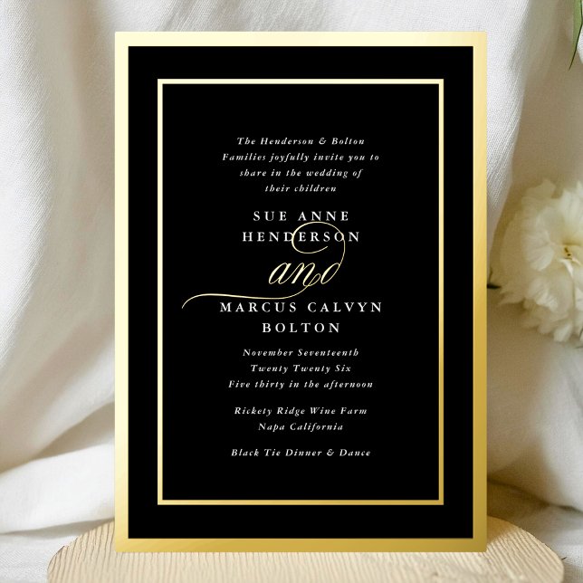 Premium Tuxedo Calligraphy Gold Frame Wedding Folieneinladung (Von Creator hochgeladen)