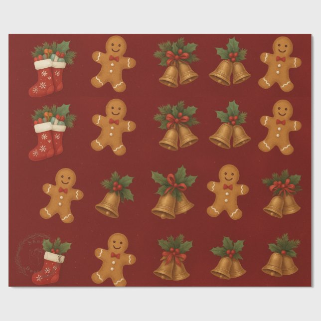 Premium-Weihnachtspapier – Lebkuchen & Glocken Geschenkpapier (Flach)