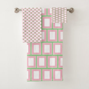 Preppy 1980s Pink White Green Geometric Pattern Badhandtuch Set