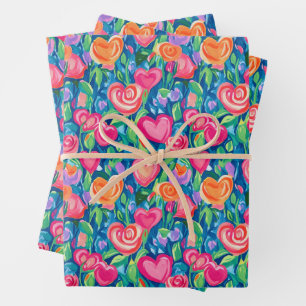 Preppy Abstrakt Hearts and Blume Wrapping Paper Geschenkpapier Set