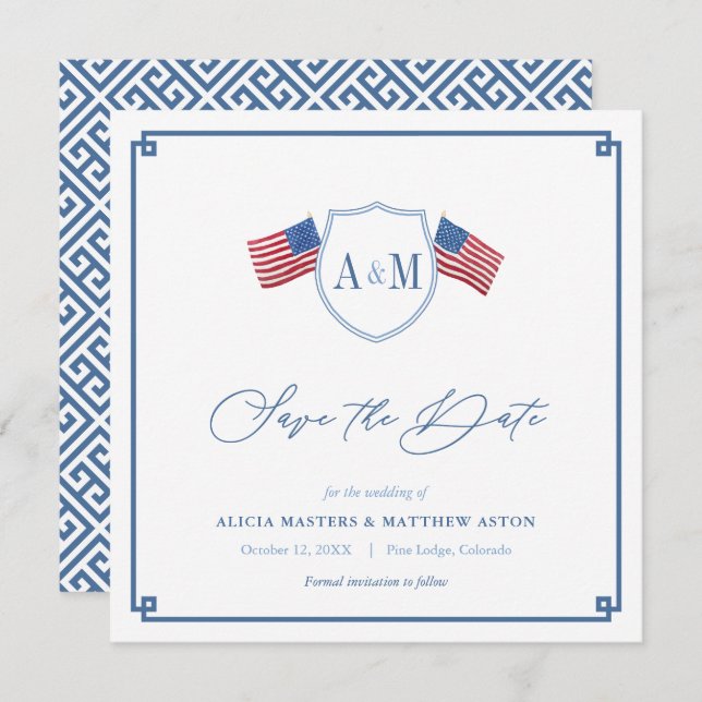 Preppy All-American Red White Blue Wedding Save The Date (Vorne/Hinten)