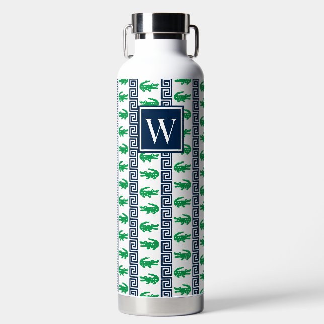 Preppy Alligator Greek Key Stripe – Green & Navy   Trinkflasche (Vorderseite)