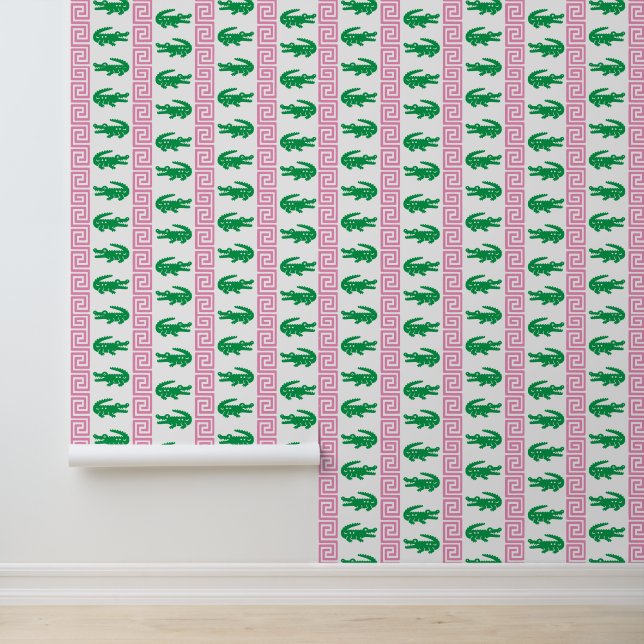Preppy Alligator Greek Key Stripe – Pink & Green   Tapete (Anwendung)