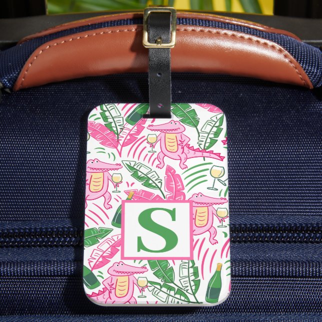 Preppy Alligator Wine Pink Green Monogram Gepäckanhänger (Vorderseite Insitu 2)
