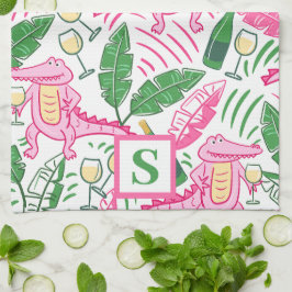 Preppy Alligator Wine Pink Green Monogram Geschirrtuch