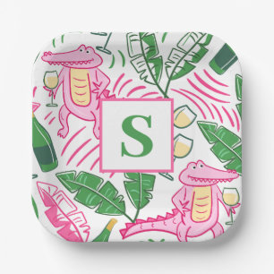 Preppy Alligator Wine Pink Green Monogram Pappteller