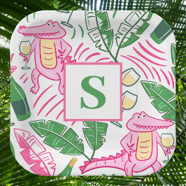 Preppy Alligator Wine Pink Green Monogram Pappteller