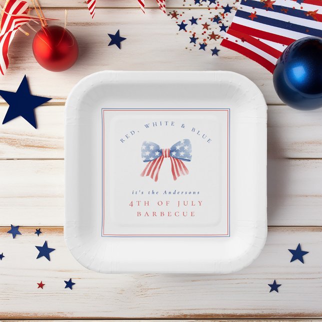 Preppy American Watercolor Bow 4. Juli GRILLEN Pappteller (square paper plate with 4th of July sophisticated preppy aesthetic design)