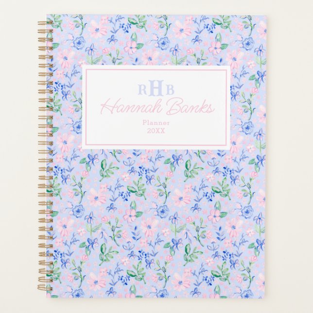 Preppy-Aquarell-Blume Monogram Planer (Vorderseite)