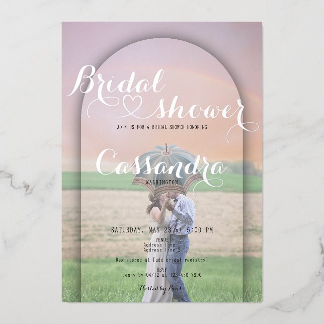 Preppy Arch Handgeschriebenes Heart Foto Brautpart Folieneinladung (Vorderseite)