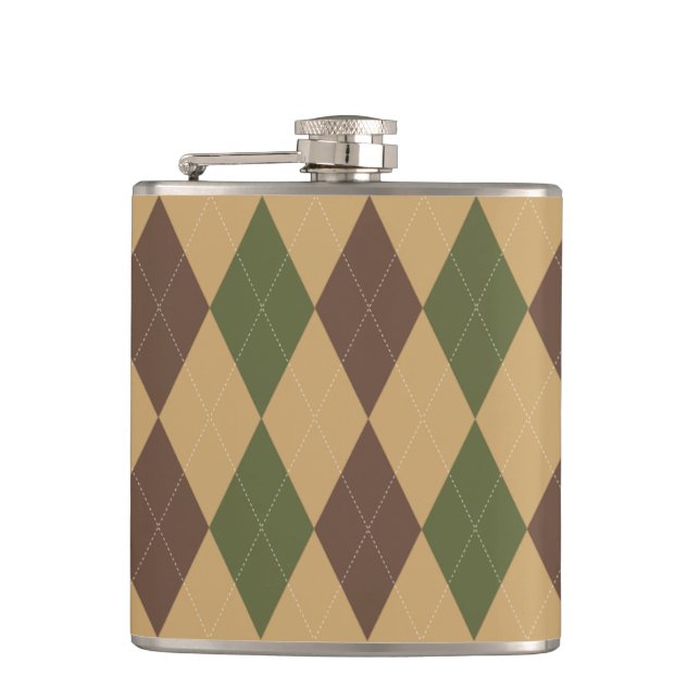 Preppy Argyle Khaki Armee Grün Braun Personalisier Flachmann (Vorderseite)