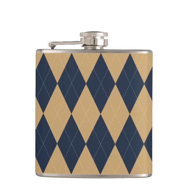 Preppy Argyle Khaki & Navy Personalisierte Groomsm Flachmann (Vorderseite)
