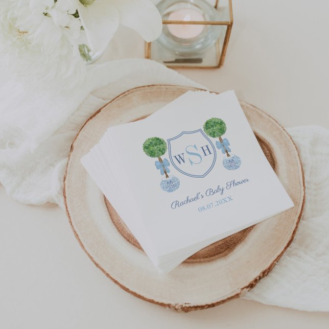 Preppy Baby Shooting Monogram mit Boxwood Topiary Serviette (Preppy topiary with blue bow and 3 letter monogram crest baby shower napkins)