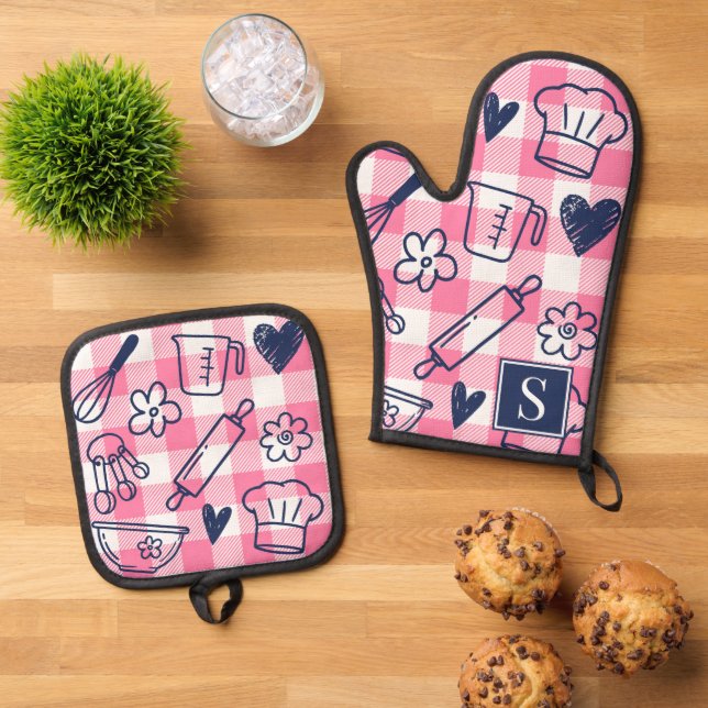 Preppy-Bäckerei Pink Gingham  Ofenhandschuh & Topflappen-Set (Oben Unten)