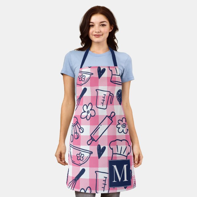Preppy-Bäckerei-Rosa-Gingham-Rezept Schürze (Getragen)