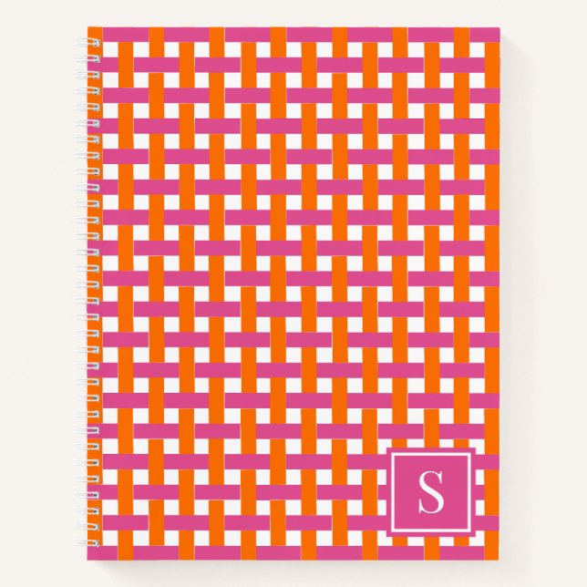 Preppy Basket Weave – Hot Pink & Orange Monogram Notizbuch (Vorderseite)