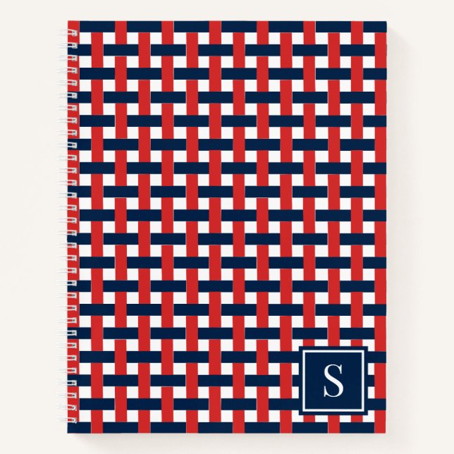 Preppy Basket Weave – Navy & Red Monogram Notizbuch (Vorderseite)