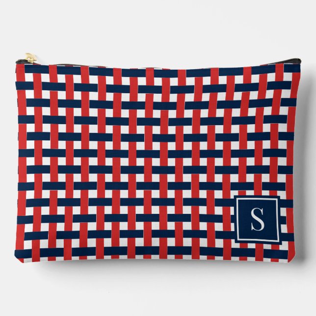 Preppy Basket Weave – Navy & Red Monogram Zubehörtasche (Vorderseite)