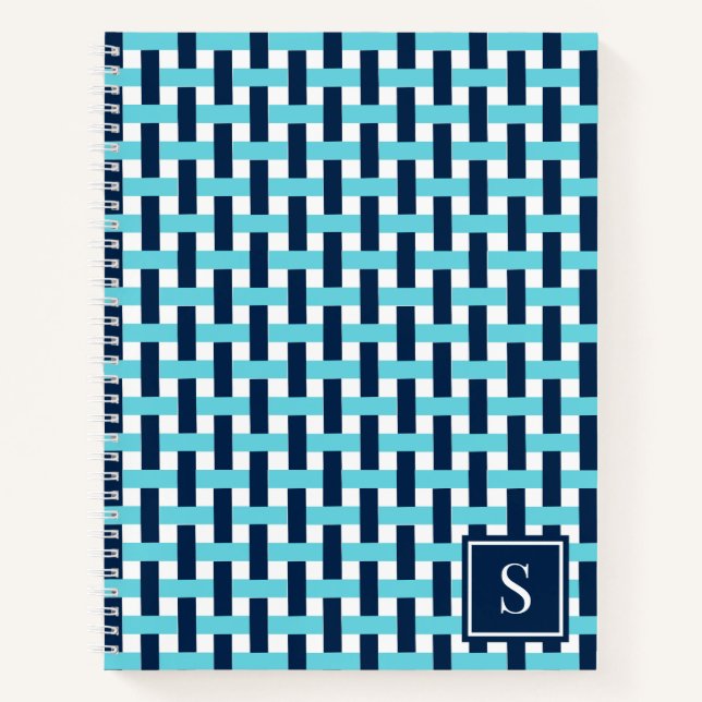 Preppy Basket Weave – Navy & Turquoise Monogram Notizbuch (Vorderseite)