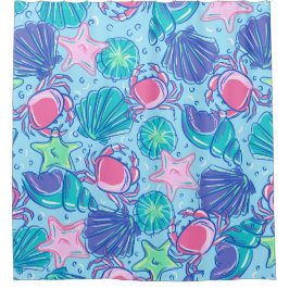 Preppy Beach Muschel Crab Blue Duschvorhang