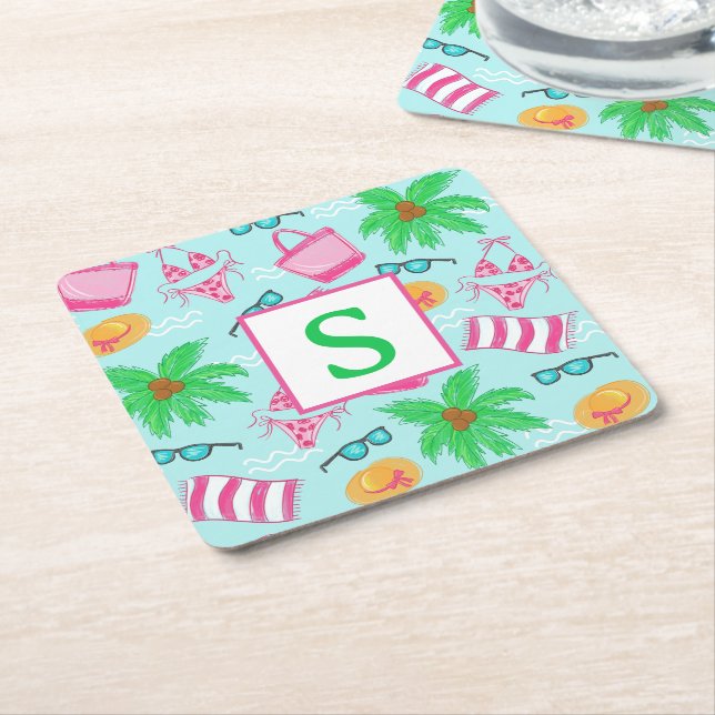 Preppy Beach Palm Trees Monogram Rechteckiger Pappuntersetzer (angewinkelt)