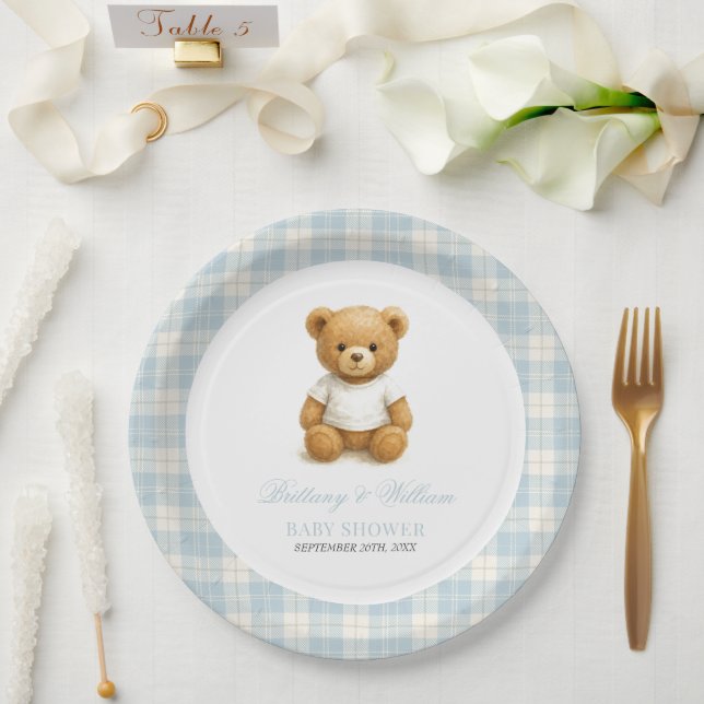 Preppy Bear Blue Kariert Modern Baby Dusche Pappteller (Hochzeit)