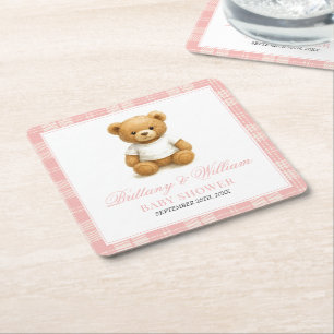Preppy Bear Elegant Pink Kariert Baby Dusche Rechteckiger Pappuntersetzer