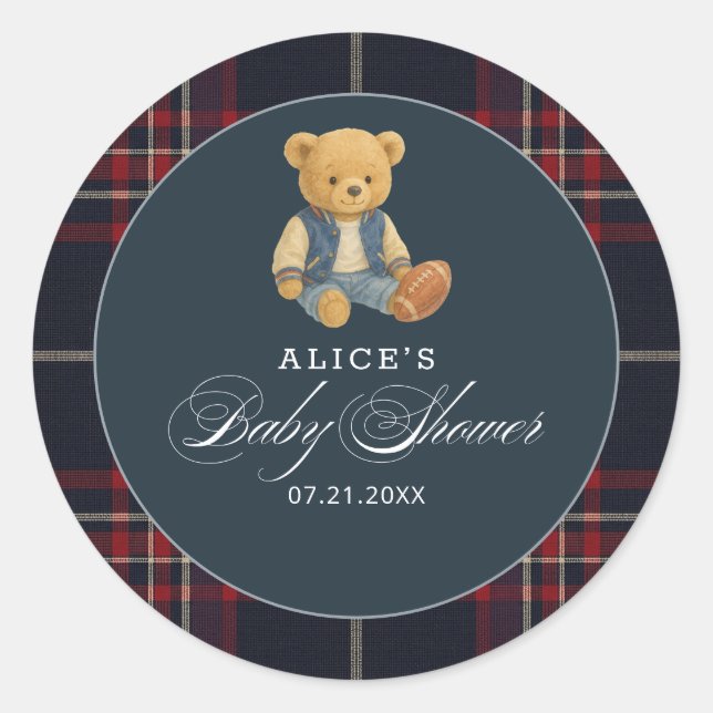 Preppy Bear Football Baby Dusche Runder Aufkleber (Vorderseite)