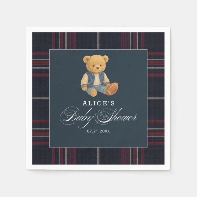 Preppy Bear Football Navy Blue Baby Dusche Napkins Serviette (Vorderseite)