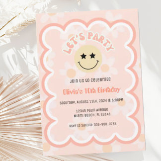 Preppy Beige Daisy Y2K Happy Face Party Geburtstag Einladung