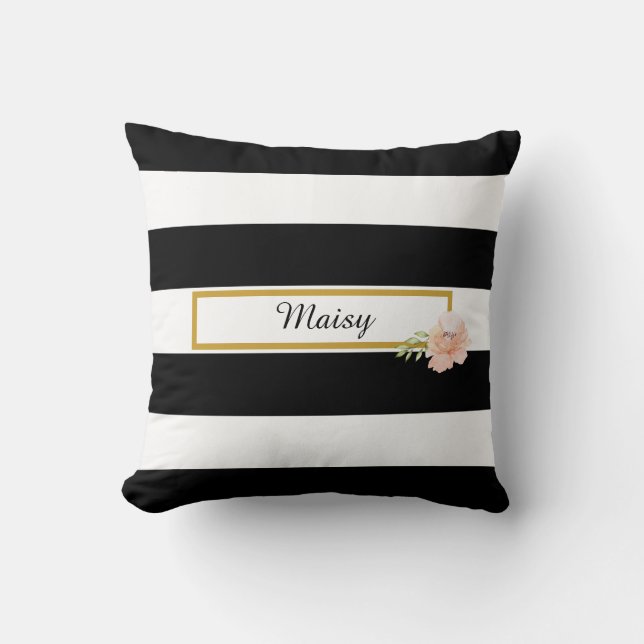 Preppy Black and White Strip Gold Floral Kissen (Vorderseite)