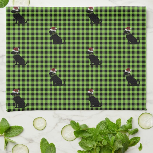Preppy Black Lab Weihnachtsmuster Green Gingham Geschirrtuch (Gefaltet)