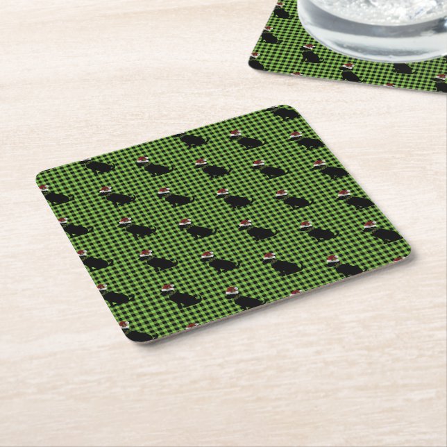 Preppy Black Lab Weihnachtsmuster Green Gingham Rechteckiger Pappuntersetzer (angewinkelt)