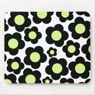 Preppy Black Neon Green Hippie Blume Pattern Mousepad
