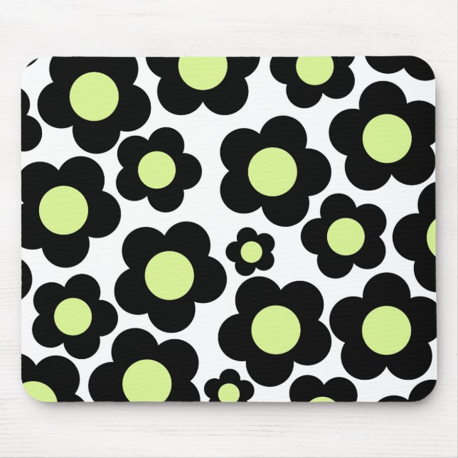 Preppy Black Neon Green Hippie Blume Pattern Mousepad (Vorne)