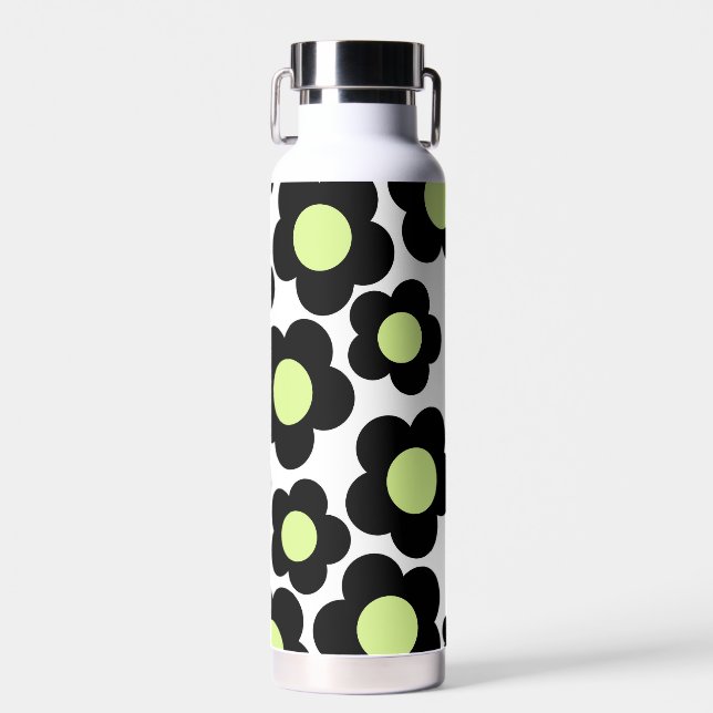 Preppy Black Neon Green Hippie Blume Pattern Trinkflasche (Vorne)