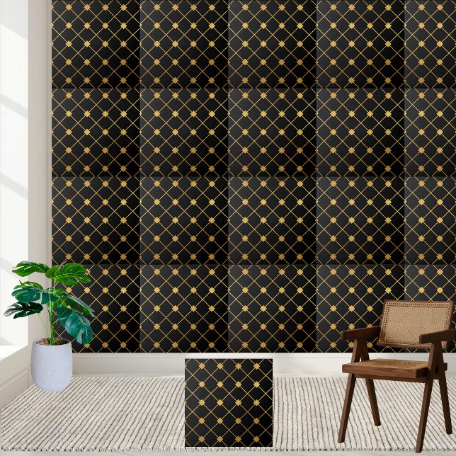Preppy Black und Gold Geometric Tile Fliese (Preppy Black and Gold Geometric Tile)