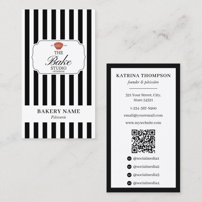 Preppy Black White Stripes Bakery Logo QR Code Visitenkarte (Vorne/Hinten)