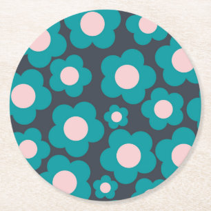 Preppy Blau Rosa Hippie-Blumenmuster Runder Pappuntersetzer