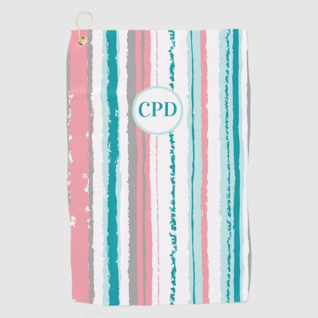 Preppy Blue and Pink Striping Mit Monogramm Golf Golfhandtuch (Vorderseite)